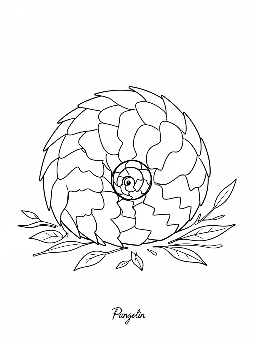 A pangolin curled into a tight armored ball on a forest floor