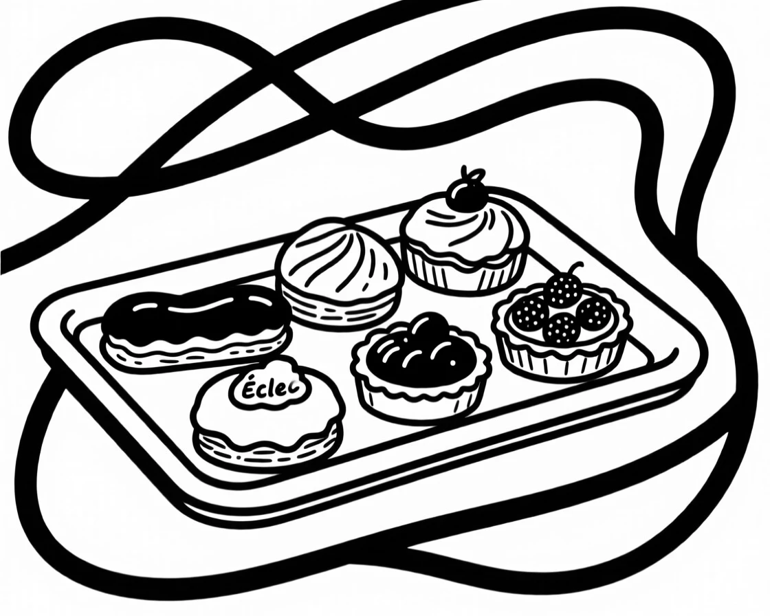 A tray of assorted pastries including éclairs and fruit tarts.