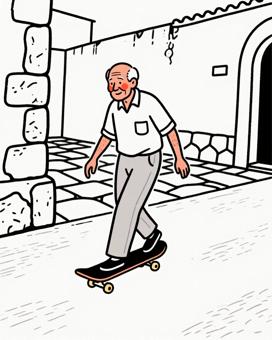 A grandfather of Cuban heritage learning to skateboard in a driveway, in an old stone courtyard.