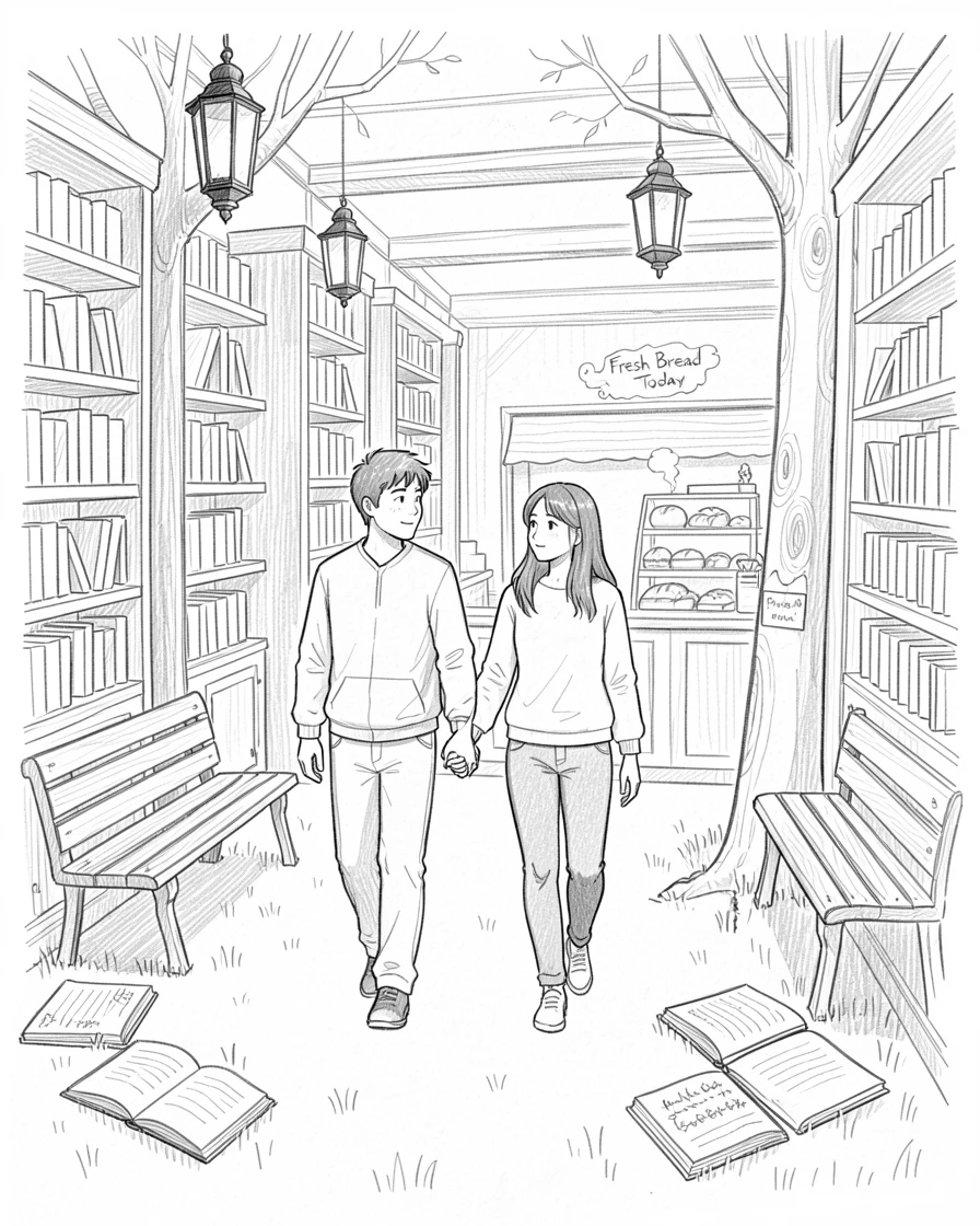 A candid slice-of-life scene of a couple walking hand in hand through a park in an old-fashioned bookstore, with the scent of fresh bread lingering in the air.