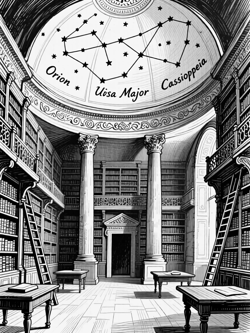 A grand royal library with a domed ceiling painted with constellations.
