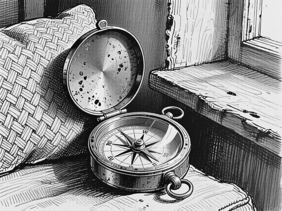 An old brass compass tucked into the corner of a cozy room, with fine scratches telling of years of use, forming a refined and understated still-life study.