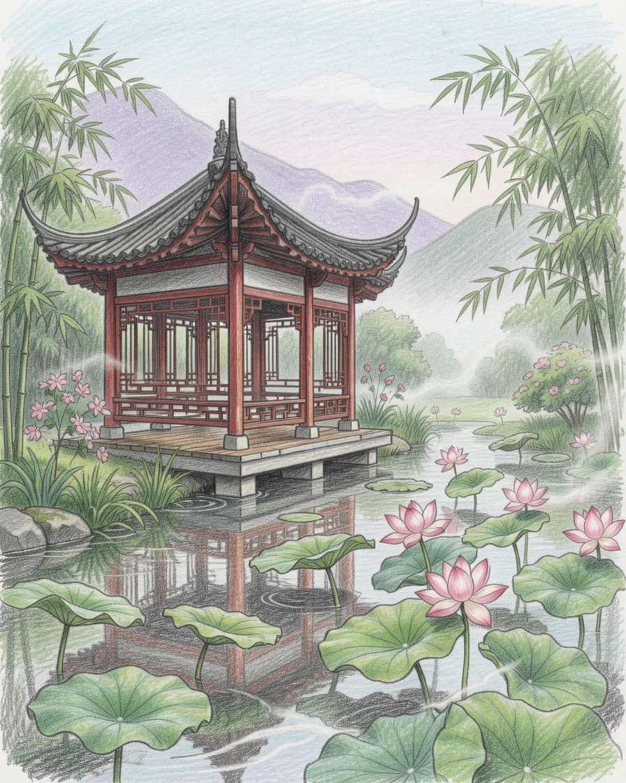 A Ming dynasty garden pavilion beside a lotus pond, set against an atmospheric, evocative backdrop, celebrating the beauty and richness of world history.