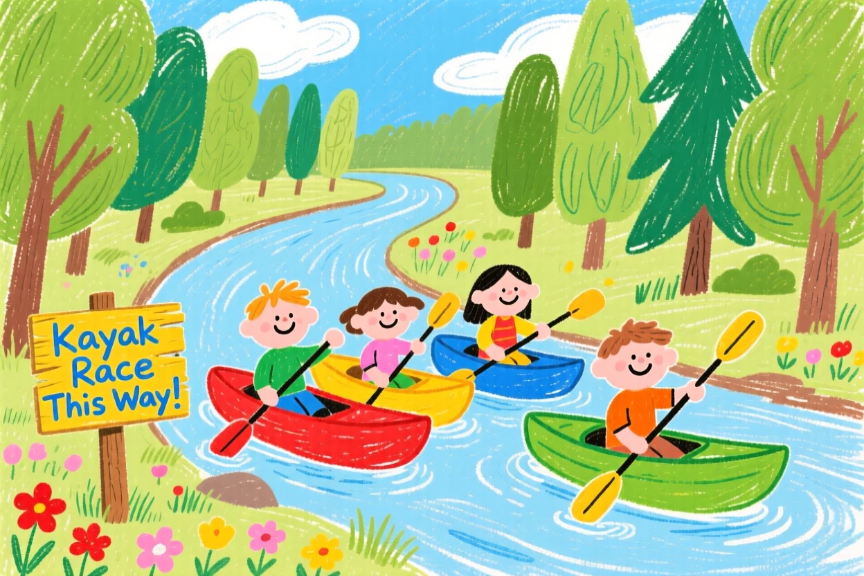 A group of friends kayaking racing along a winding forest path.