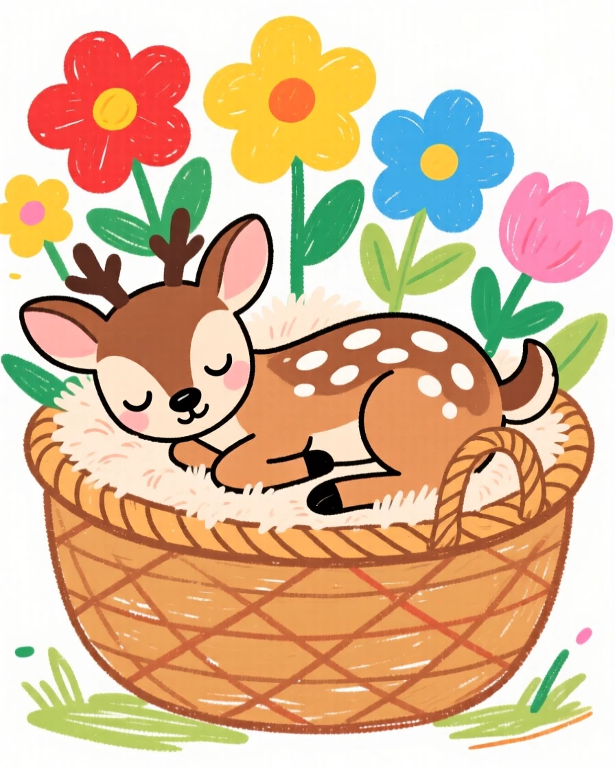 A spotted fawn napping in a basket of soft flowers.