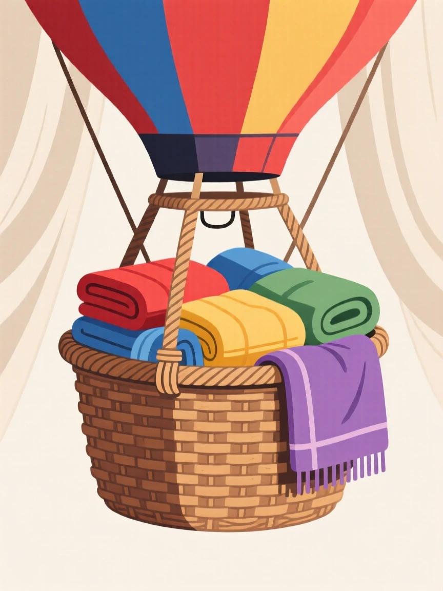 A hot air balloon basket filled with colorful blankets, set against a backdrop of soft draped fabric, captured with a close, detailed focus, with a clean, elegant simplicity.