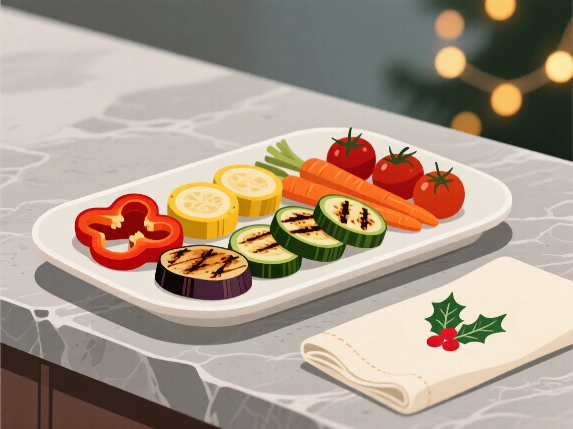 A platter of grilled vegetables beautifully displayed on a stone counter at a holiday feast.