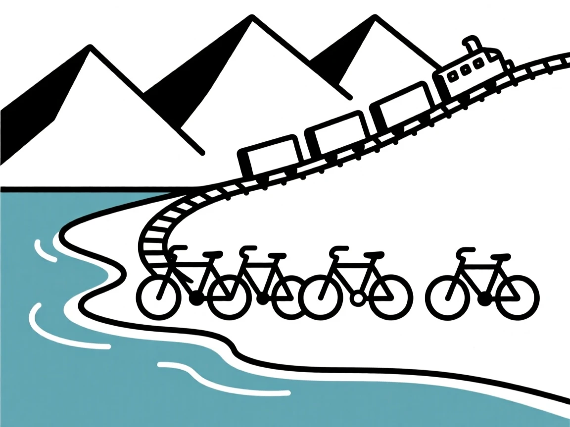 A journey through a remote island shoreline toward a train winding through mountains, passing a row of parked bicycles, full of adventurous excitement.