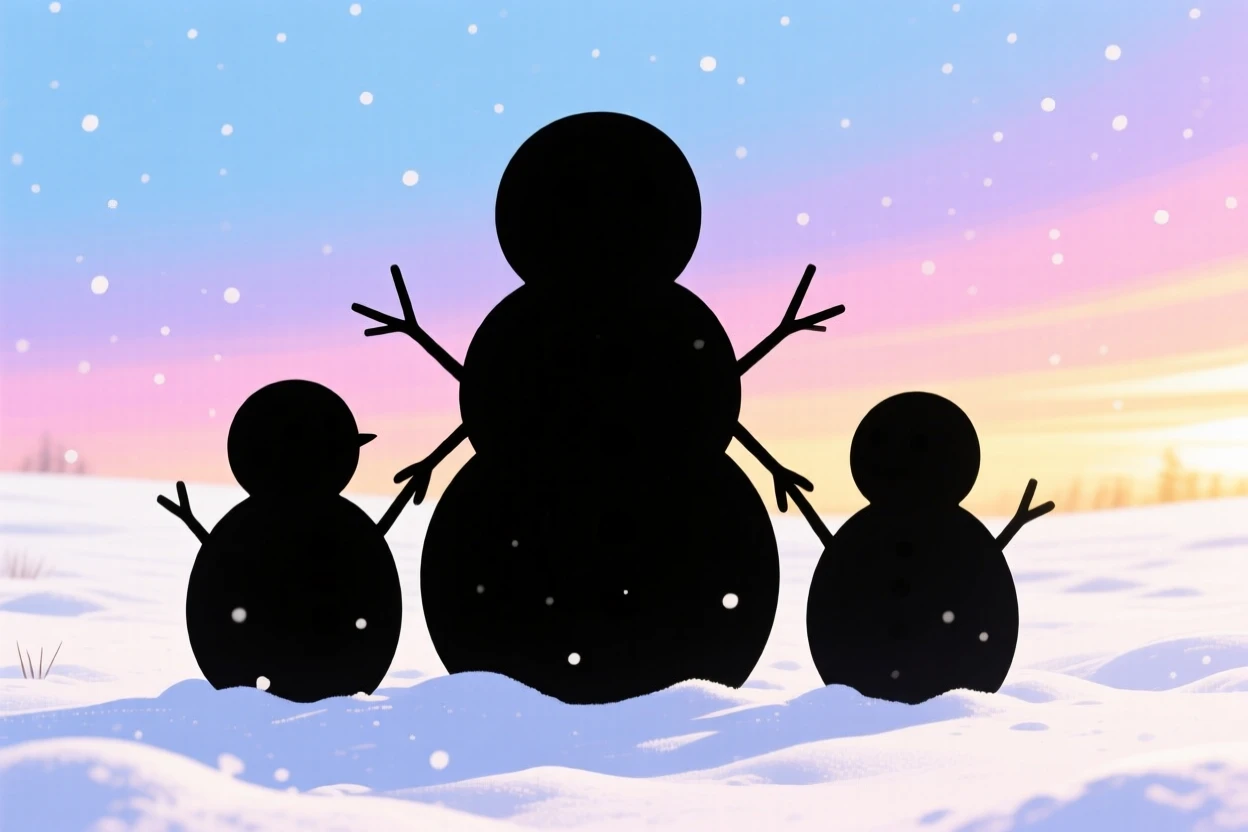 A snowman family of three standing together in a freshly fallen snowfield.