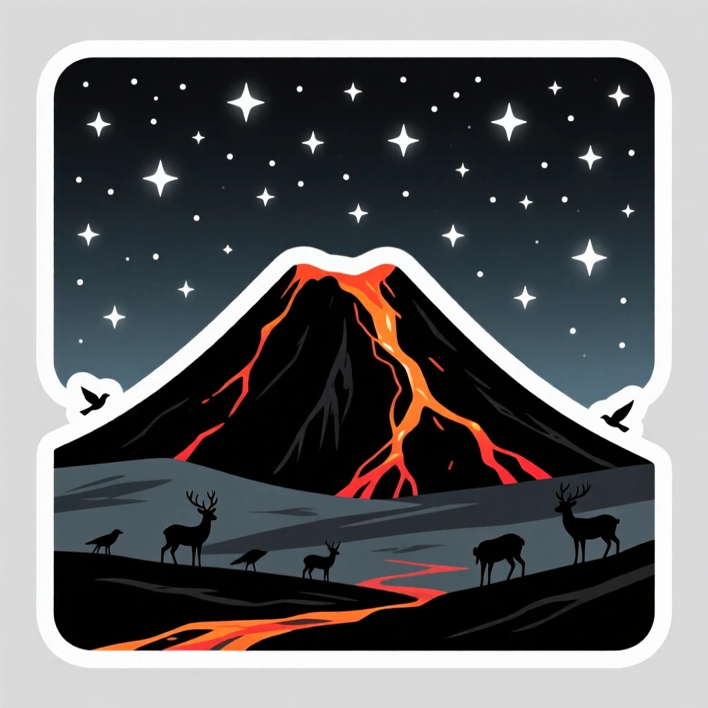 A calm and quiet volcanic landscape with glowing lava cracks, under a blanket of twinkling stars, where wildlife roams freely.