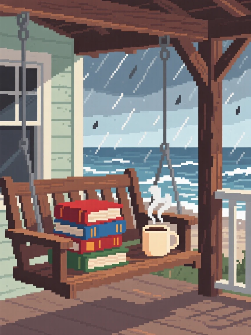 A covered porch swing stacked with well-worn books and a steaming mug, inside a seaside cottage during a storm.