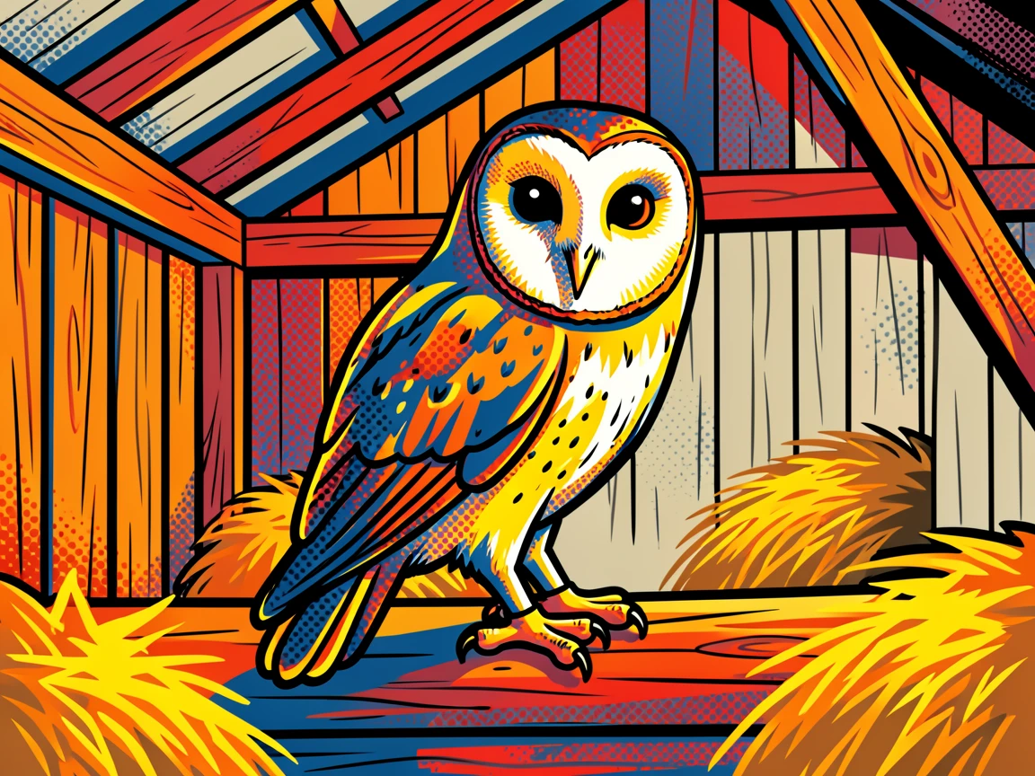 A barn owl perched inside an old wooden hayloft