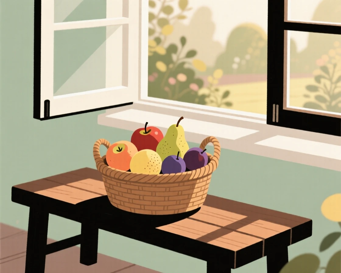 A garden bench holds a simple arrangement of ripe fruit in a woven basket, lit softly by morning sun beside a open window.