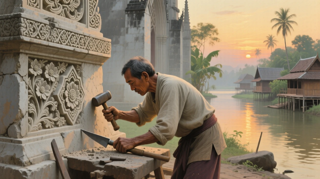 A well-framed scene of a stonemason carving intricate details into a cathedral façade, in a Thai river village, in the last light of sunset.