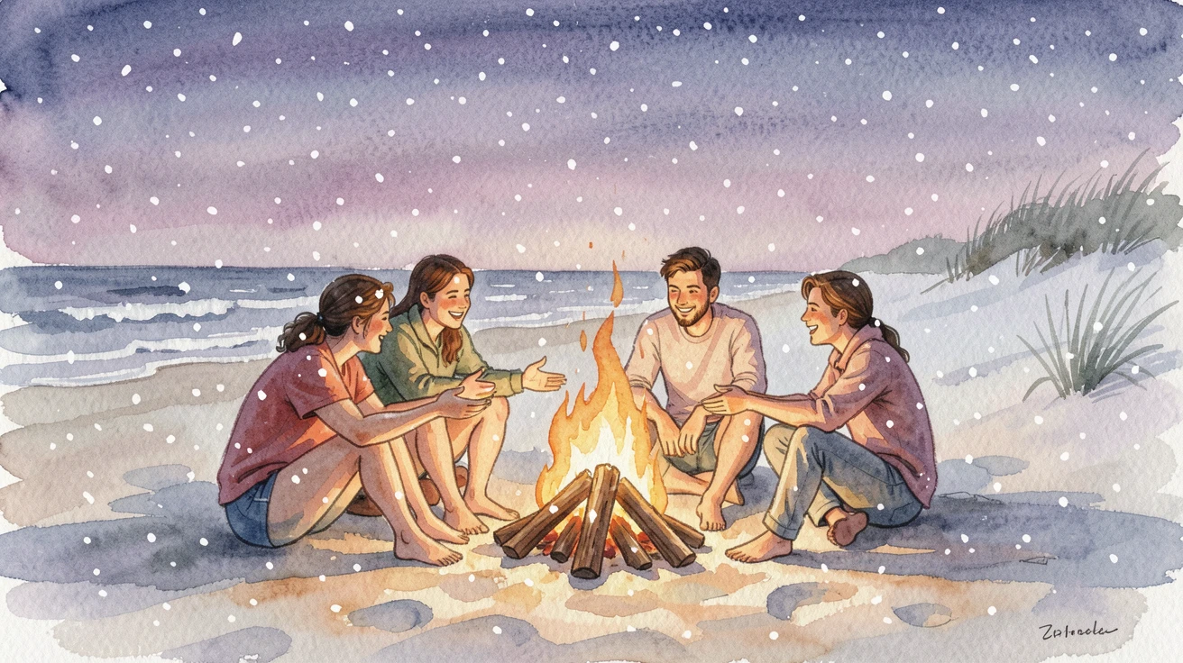 A summer beach bonfire with friends gathered around with soft snow gently falling.