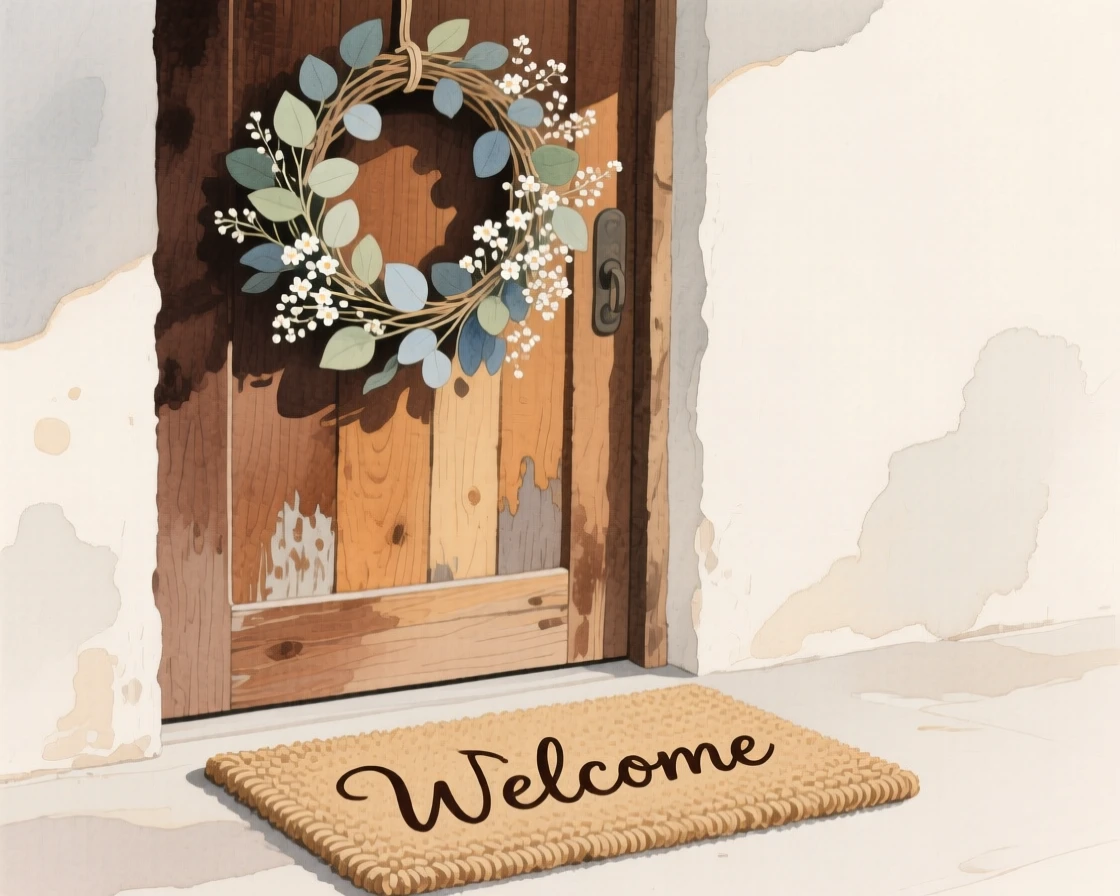 A wreath of eucalyptus and dried baby's breath hangs on a rustic wooden door beside a woven welcome mat