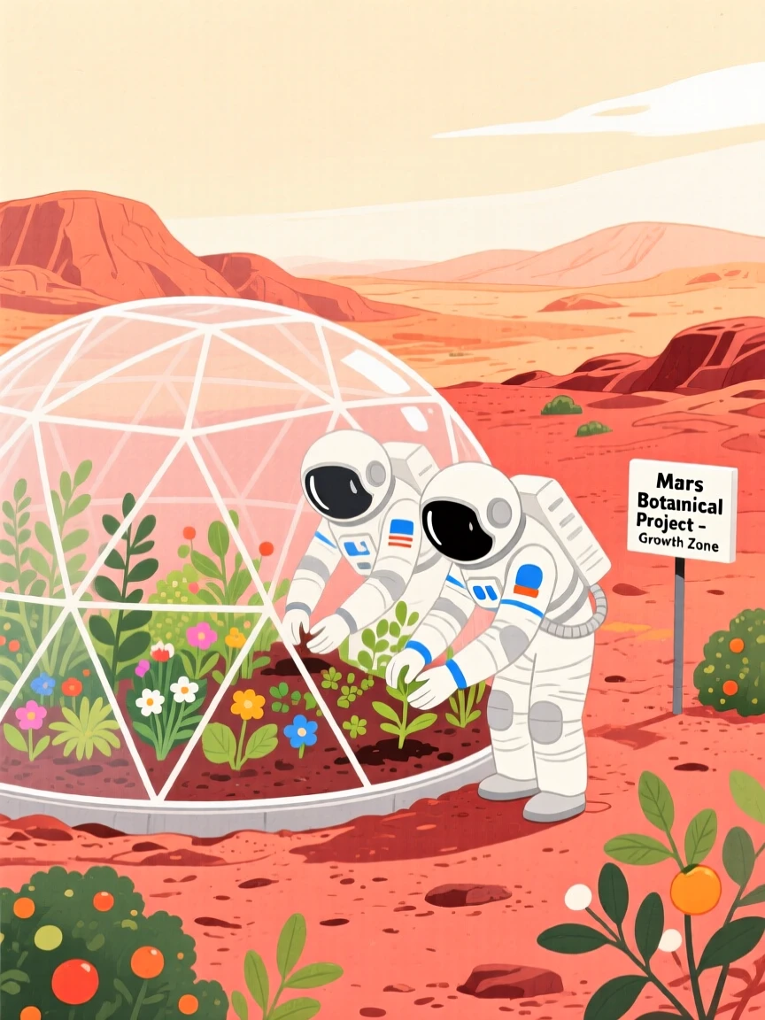 An imaginative scene of two astronauts planting a garden dome on Mars.