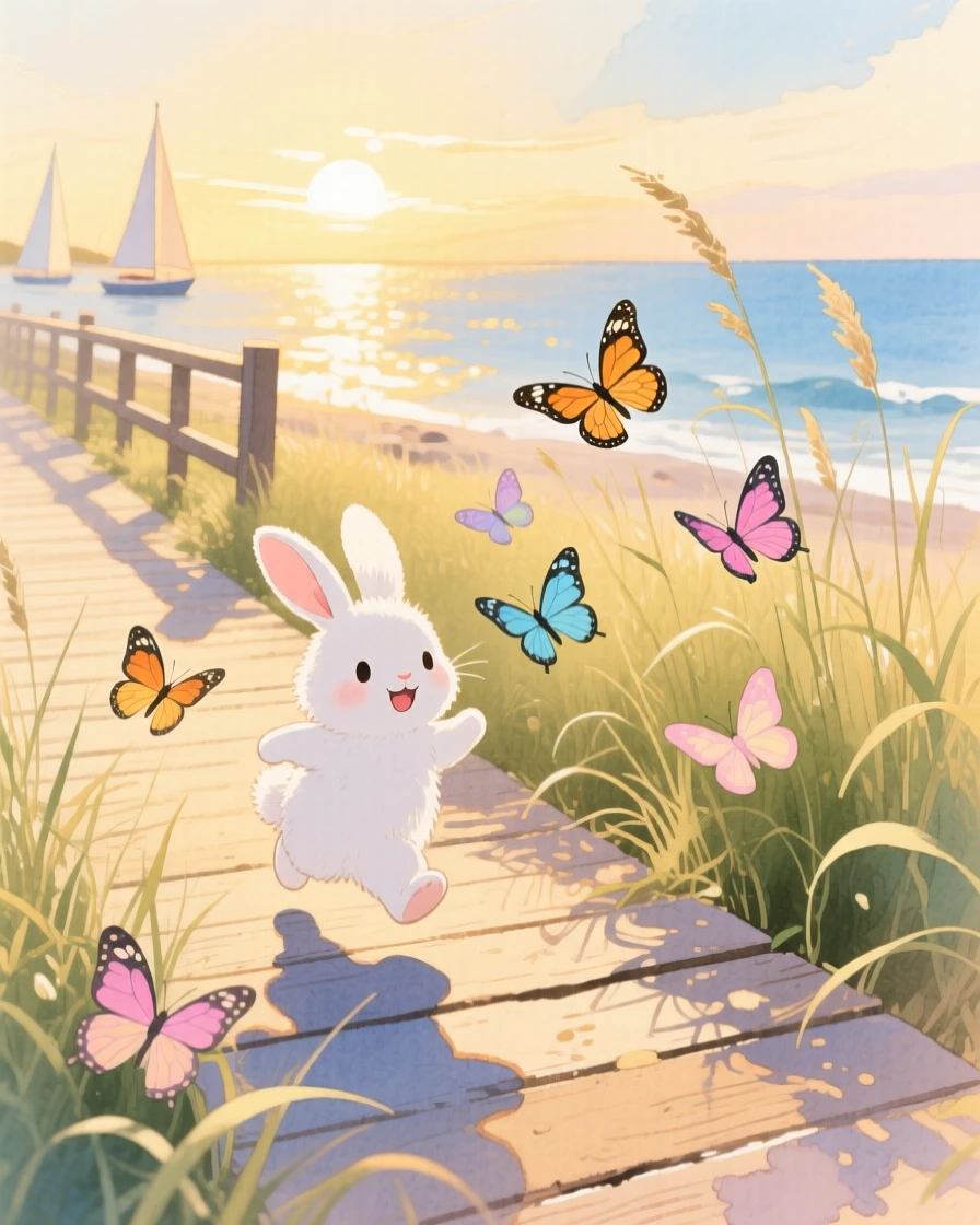 A fluffy white rabbit chasing butterflies through tall grass, set in a seaside boardwalk at golden hour, sparking a feeling of tender nostalgia.