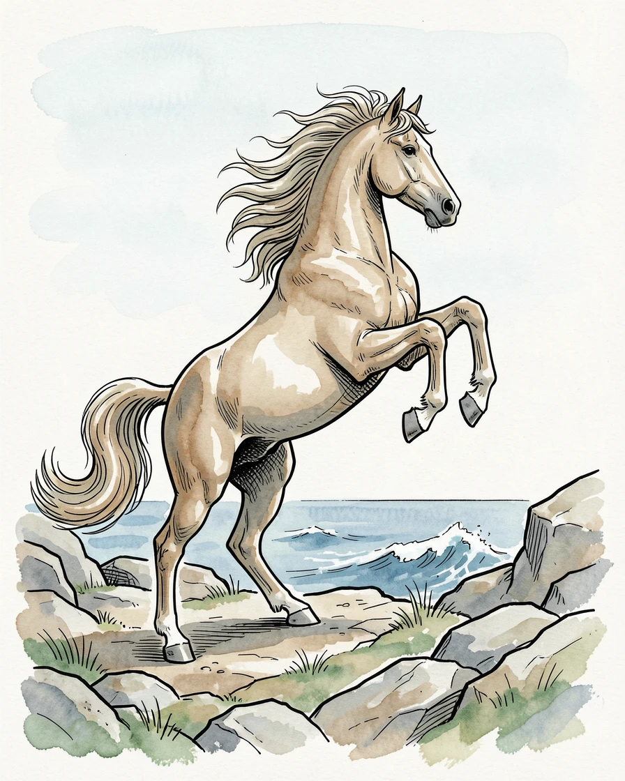 A stallion rearing on a windswept coastal bluff, their movements calm and unhurried in the quiet surroundings.