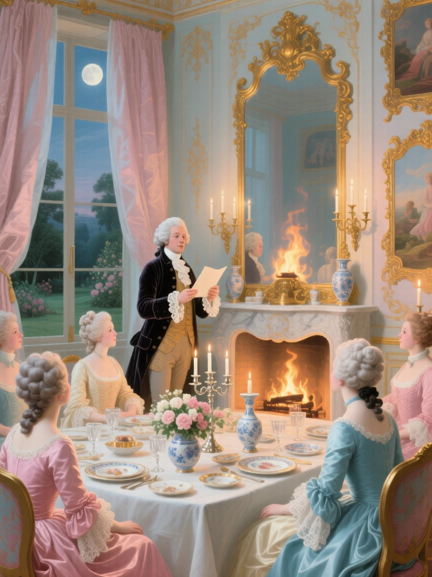 An elegant dinner party where guests listen to a poet recite beside the fire  