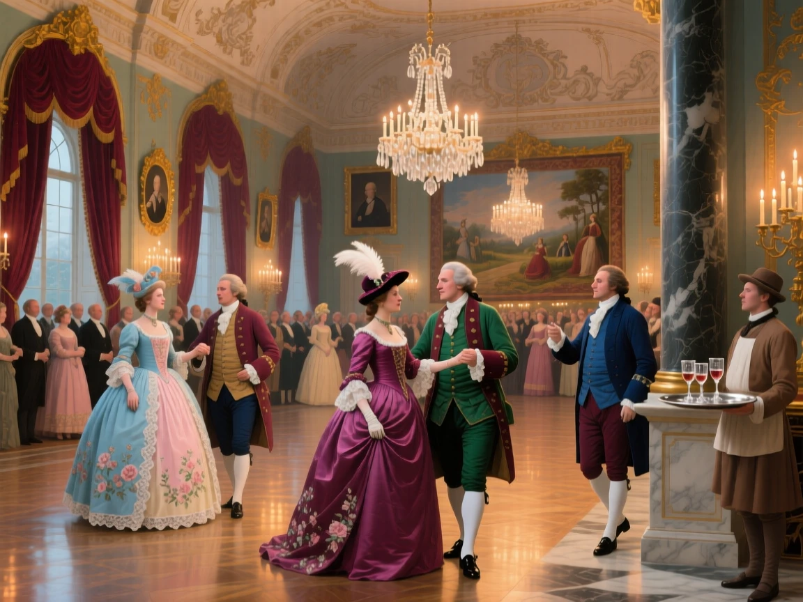A grand 18th-century masquerade ball inside a candlelit palace hall, as onlookers in traditional dress watch the scene unfold, designed to feel both historically authentic and visually striking