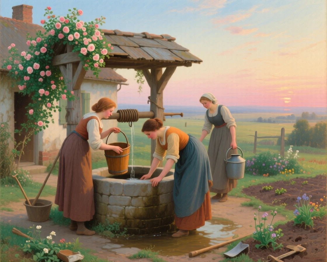 A group of women gathering water at a village well at sunrise as warmth and community shine through humble work, set beside a rustic cottage framed by climbing roses, with modest but well-tended surroundings speaking of quiet pride; the horizon and open sky give even modest labor room to breathe, capturing the timeless rhythm of rural and village life.