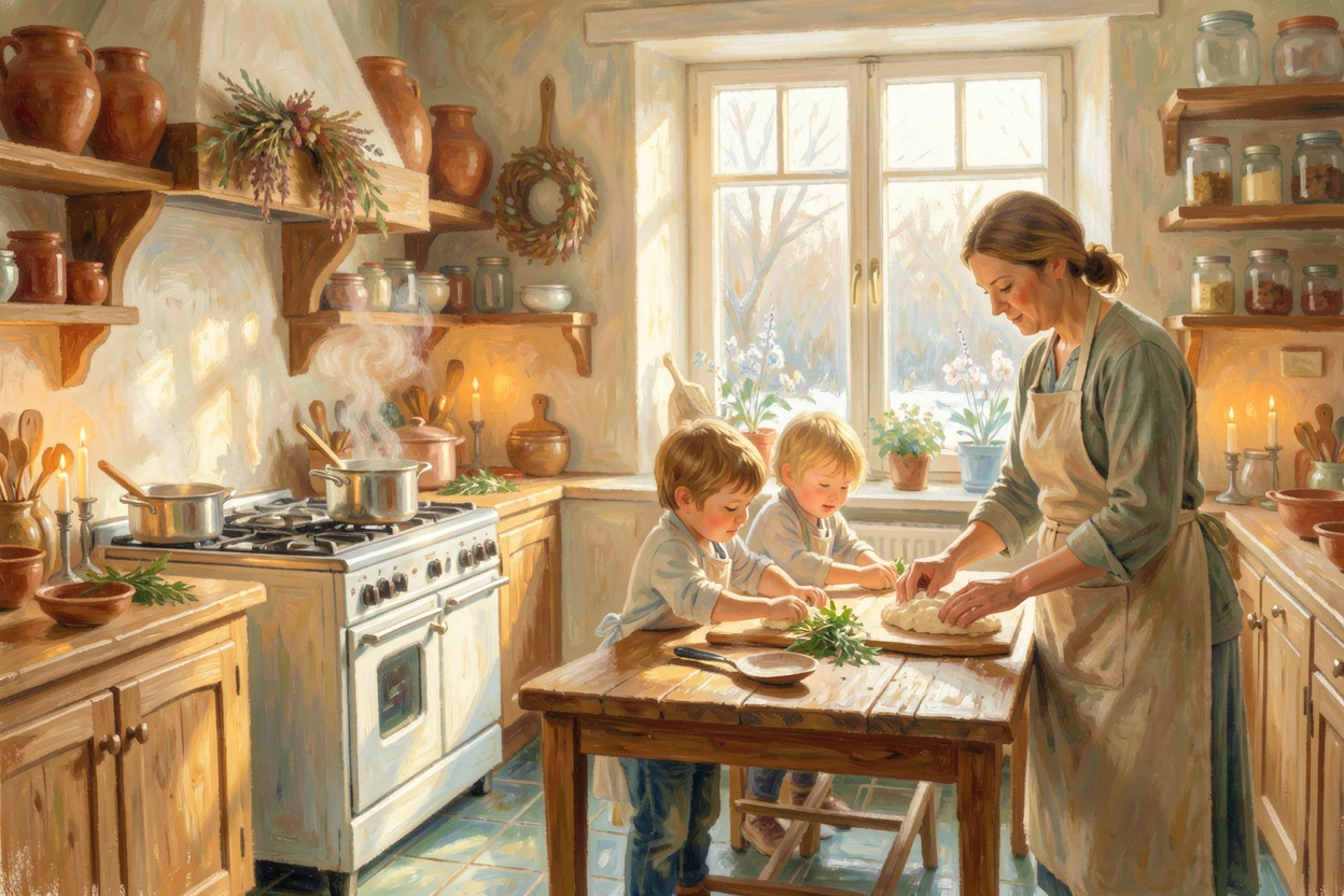 A multigenerational family preparing a holiday feast together in a warm, bustling kitchen, evoking a sense of peace and quiet wonder.