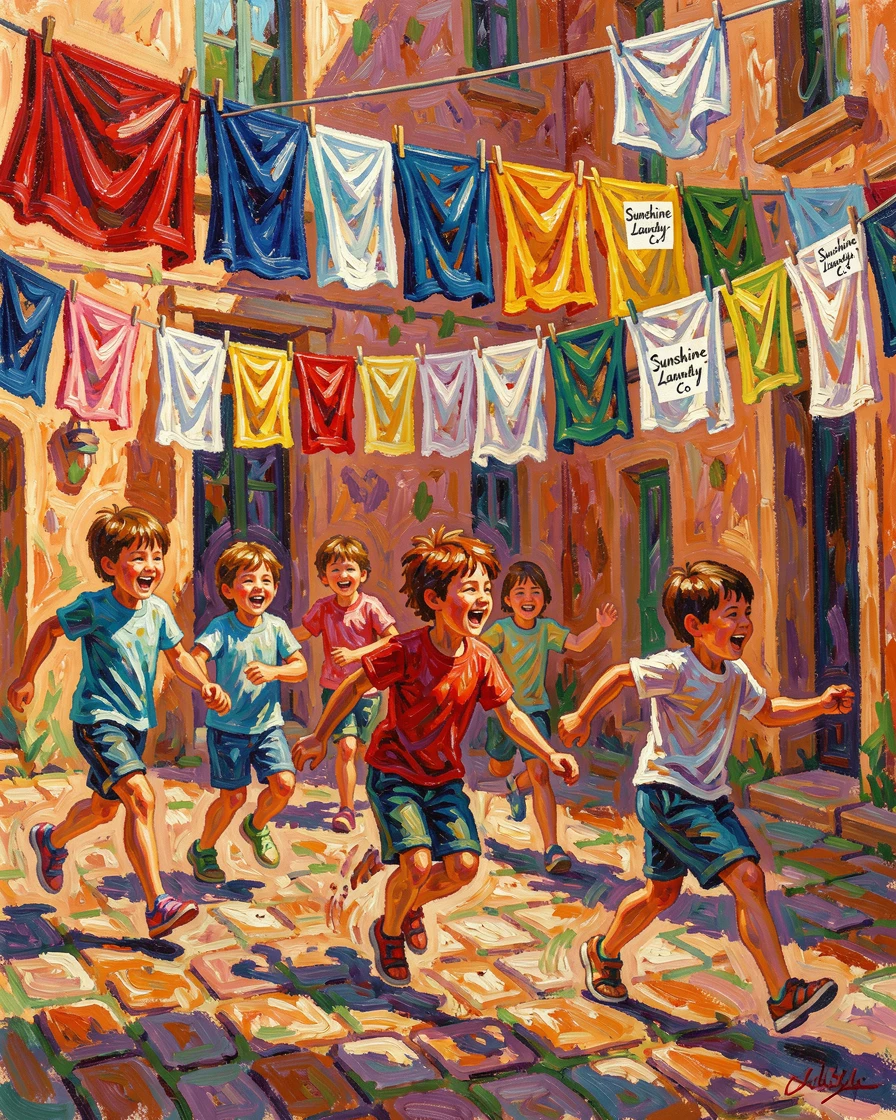 Children playing tag through rows of drying laundry strung across a courtyard.