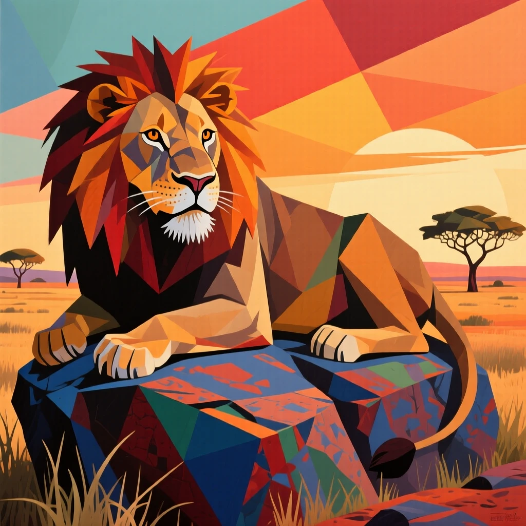 A majestic lion resting atop a sunbaked rock as the savanna glows at sunset.