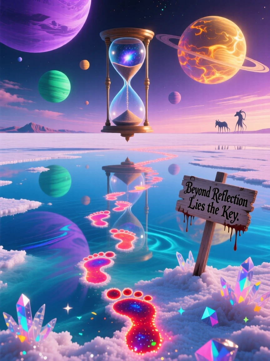 A salt flat that perfectly mirrors a sky full of drifting planets seems to breathe slowly in and out with the wind, while a trail of glowing footprints marks a path forward.