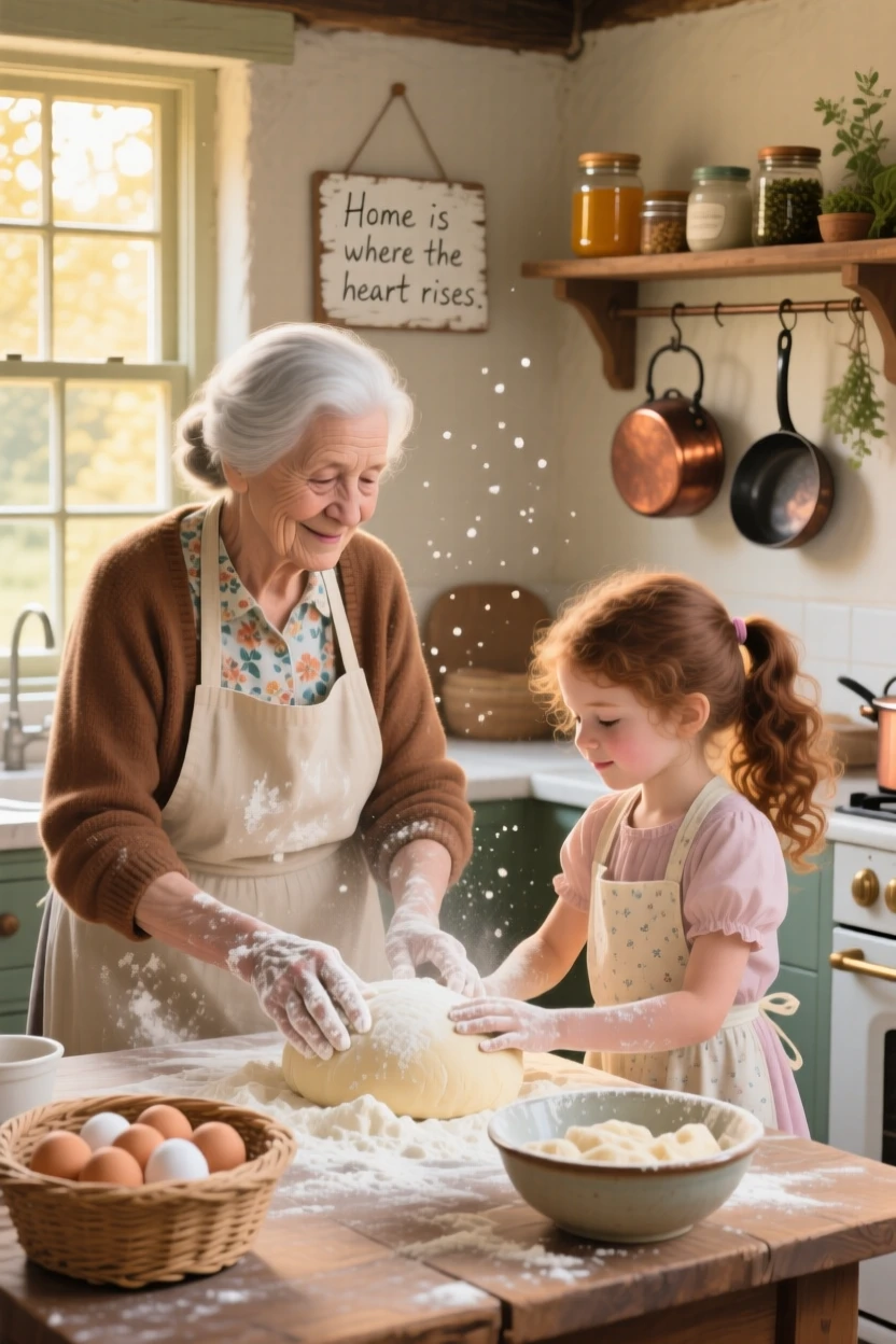 A grandmother teaches her granddaughter to bake bread in a cozy farmhouse kitchen, flour dusting both their hands as morning light streams through the window, background elements kept softly out of focus to keep attention on the human moment.