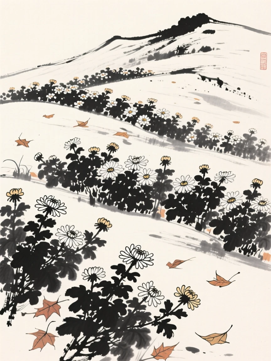 A field of chrysanthemums blooms in shades ranging across a quiet hillside, as autumn leaves scatter across the ground nearby.