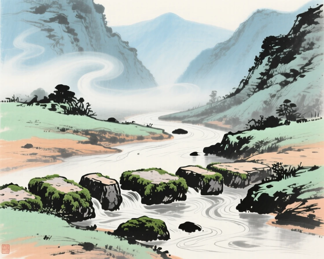 A meandering stream crossed by mossy stepping stones, where mist curls upward from the valley floor, evoking a sense of quiet solitude, through swirling morning fog.