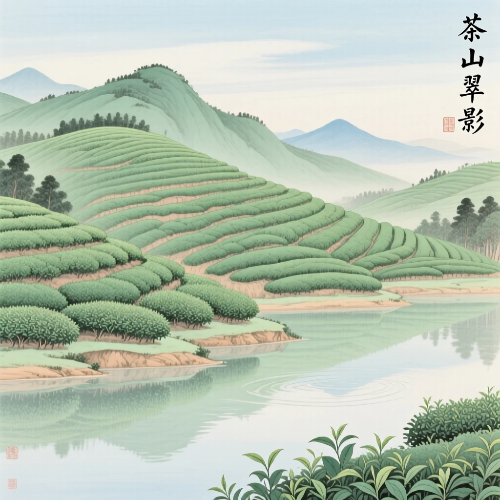 Terraced tea plantations rolling over green hills, with reflections of the mountains rippling in still water