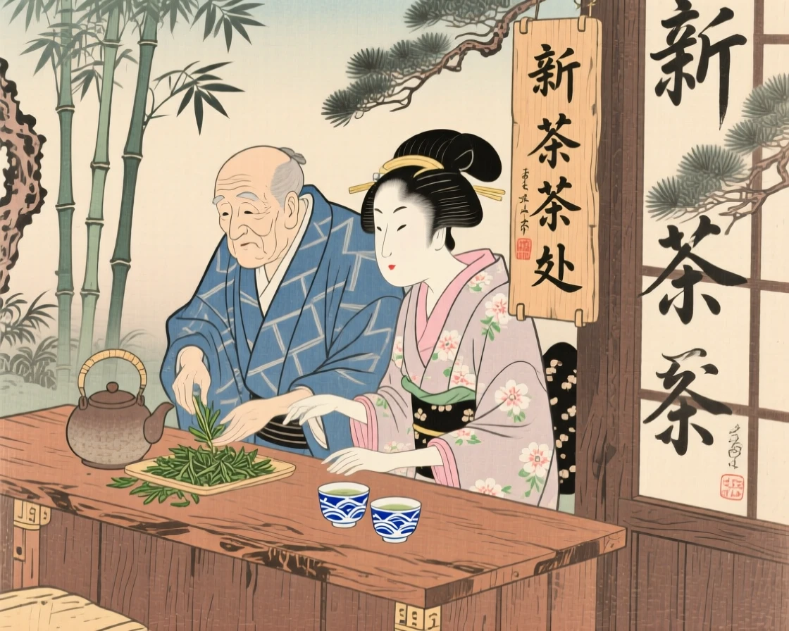 An elderly couple steeping fresh leaves behind a wooden counter.