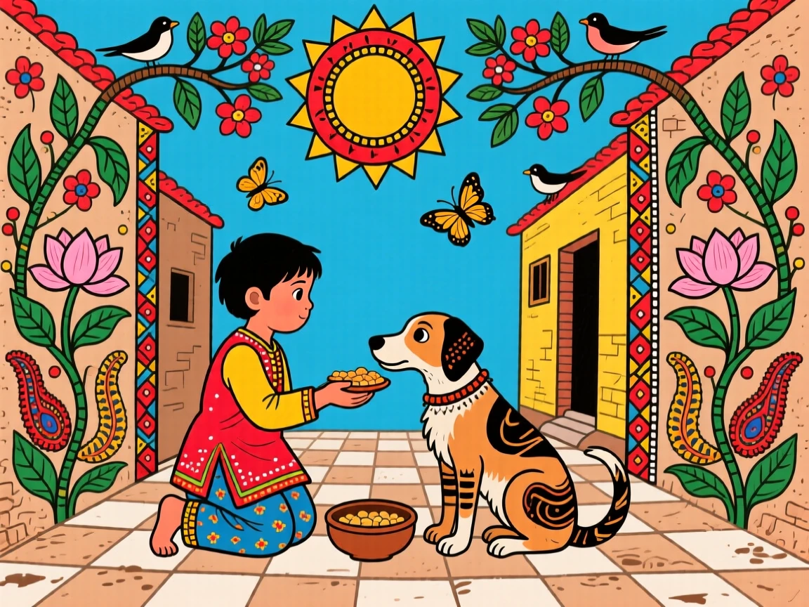 A child offering food to a hungry stray dog on a village street.