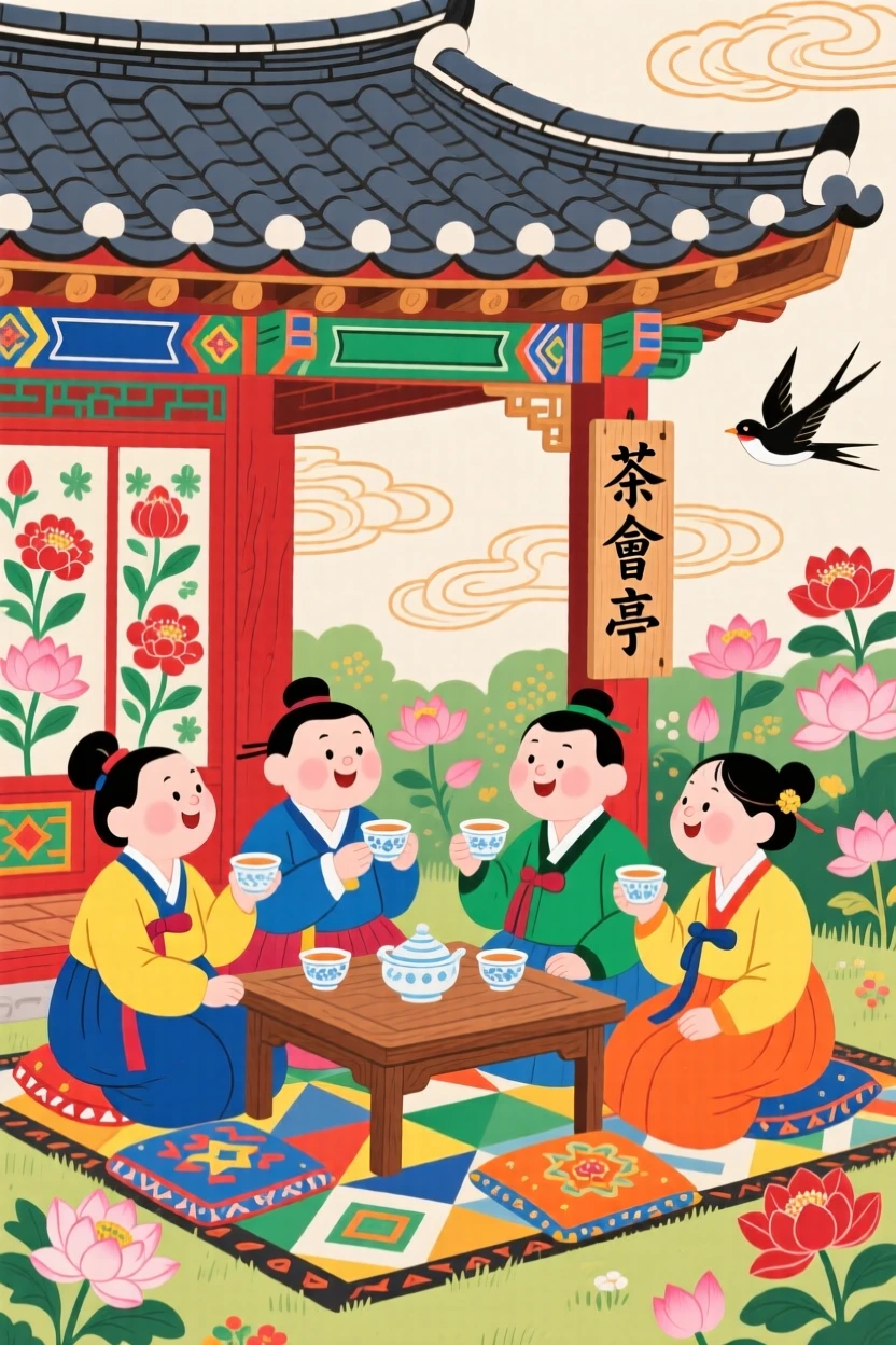 A group of friends sharing tea in a garden pavilion.