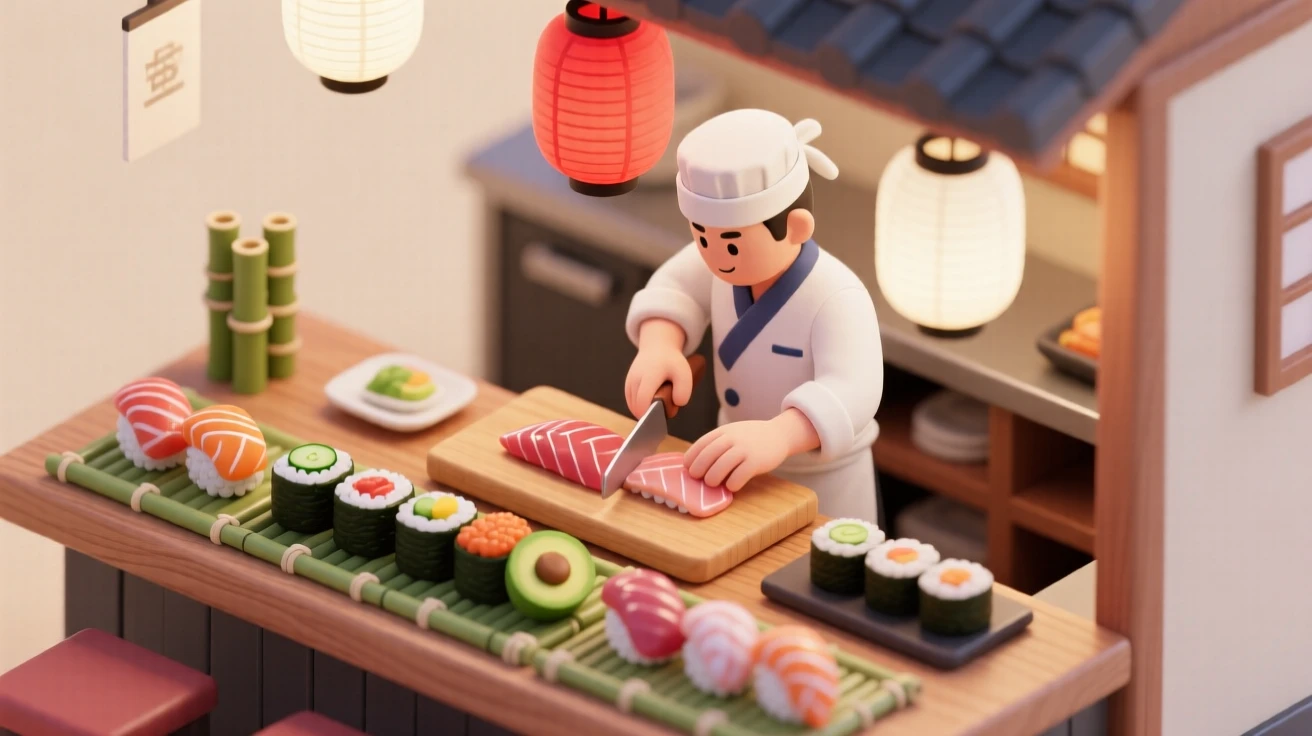 A bustling sushi counter with a chef slicing fresh fish, colorful rolls arranged on a bamboo mat, and lanterns glowing above.