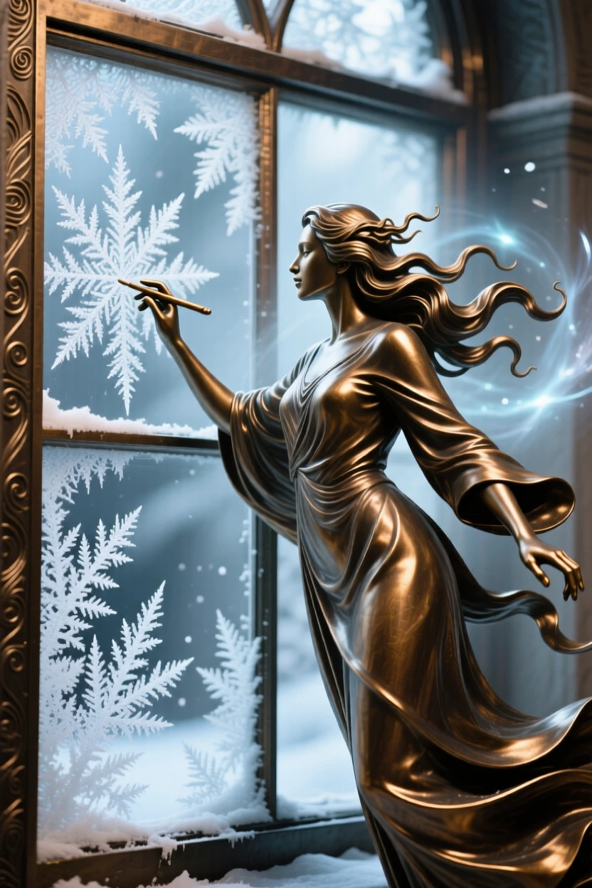 A winter spirit painting frost across a window, bathed in ethereal, otherworldly glow, radiating awe and grandeur