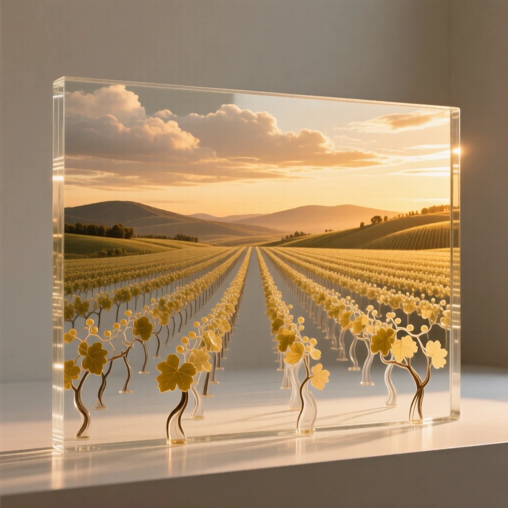 A vineyard at golden hour with rows stretching to distant hills under a dramatic sky with shifting clouds, wide panoramic composition, feeling expansive and awe-inspiring.