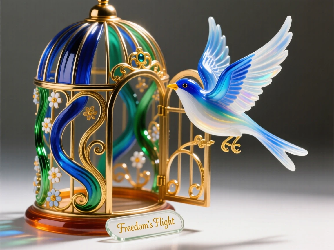 An ornate birdcage with its door open and a bird flying free, symbolic and hopeful.