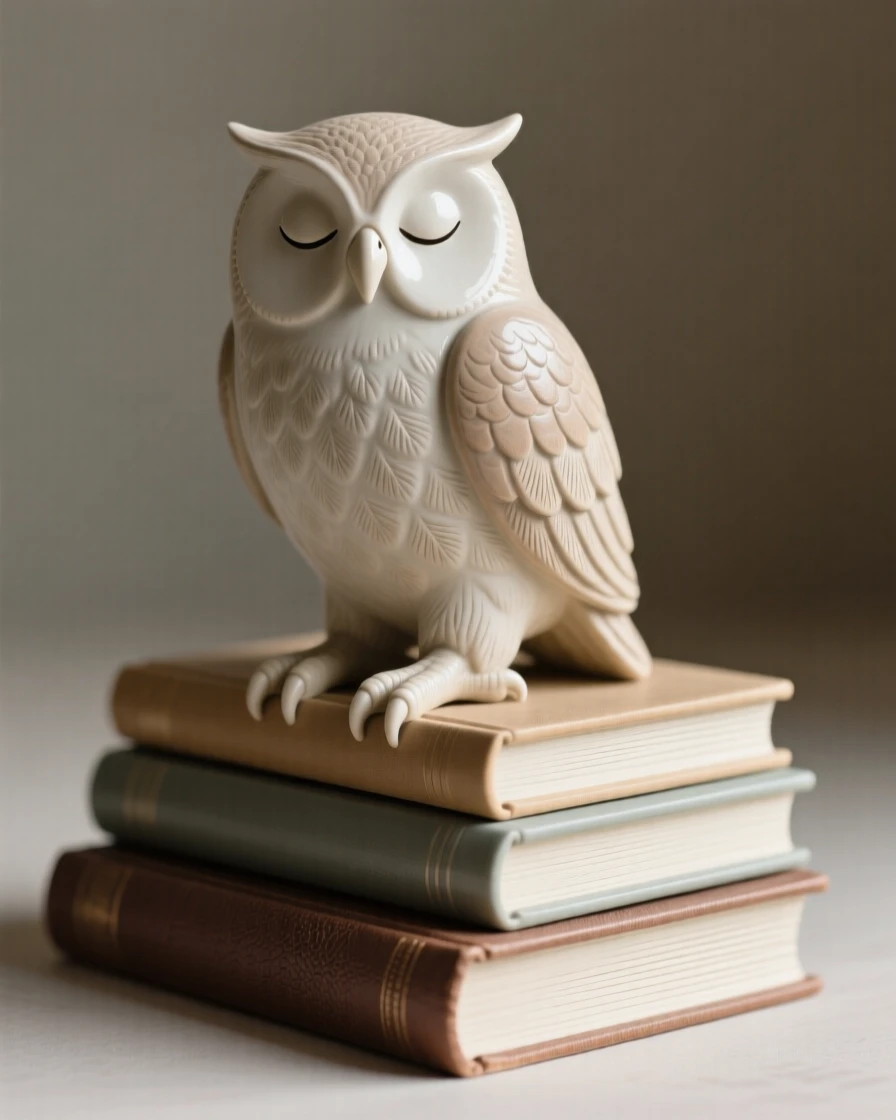 A decorative owl perched atop a stack of books posed with understated, timeless refinement, catching soft light along smooth curved surfaces, radiating sophistication and timeless taste.