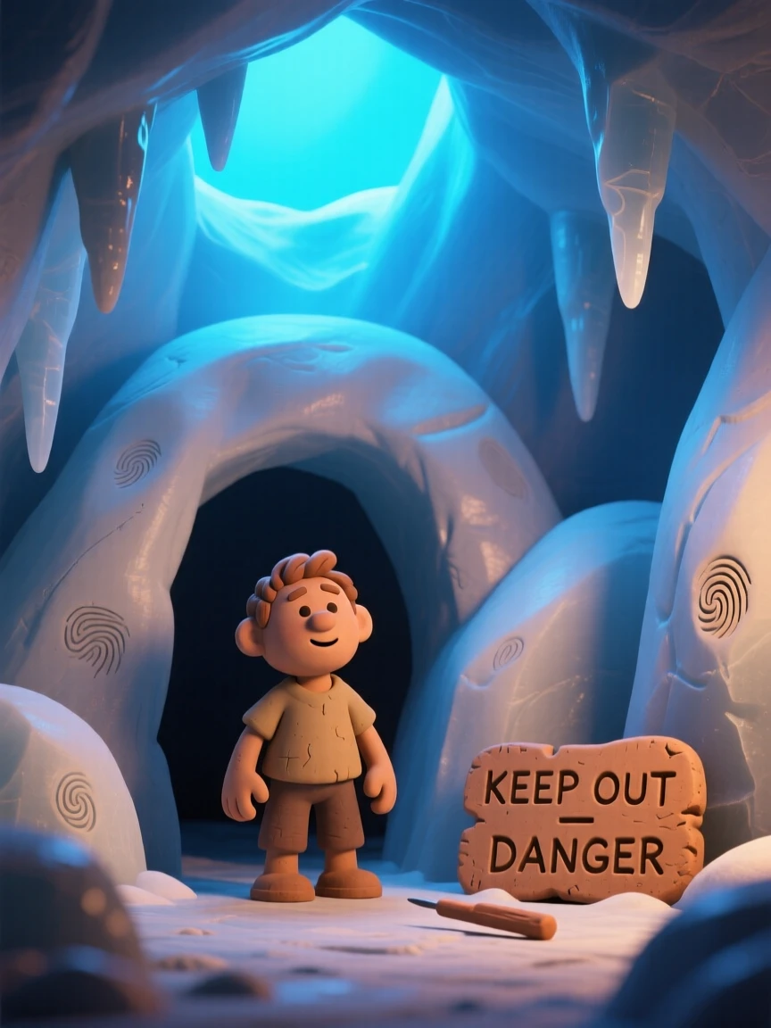 A dramatic ice cave glowing blue from filtered sunlight above