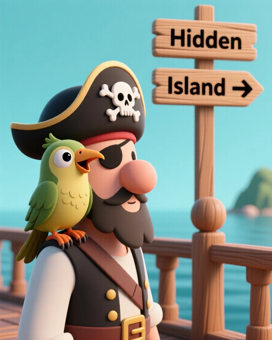 A clever pirate parrot perches on a captain's shoulder, squawking directions toward a hidden island.