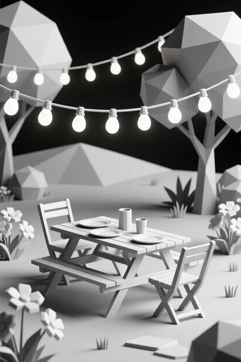 A summer garden party strung with fairy lights, under strings of warm twinkling lights. rich seasonal colors bring the scene to life. The moment feels magical and full of wonder.