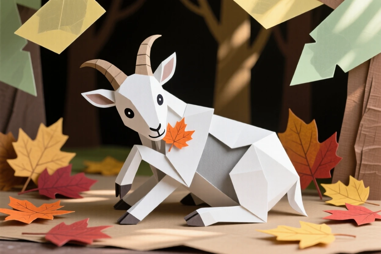A young mountain goat grooming itself in dappled sunlight, with autumn leaves scattered around it, evoking tenderness and family bonds.