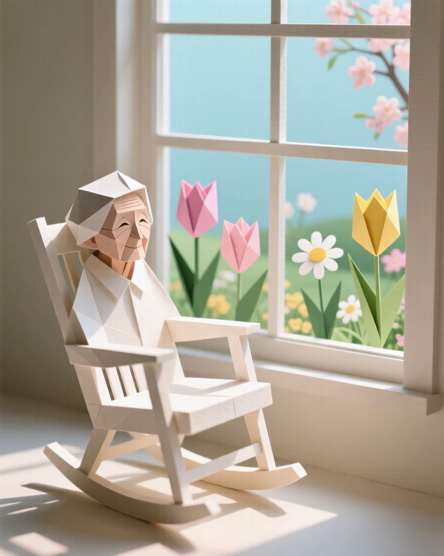 A grandmother's rocking chair beside a window overlooking a blooming spring garden.