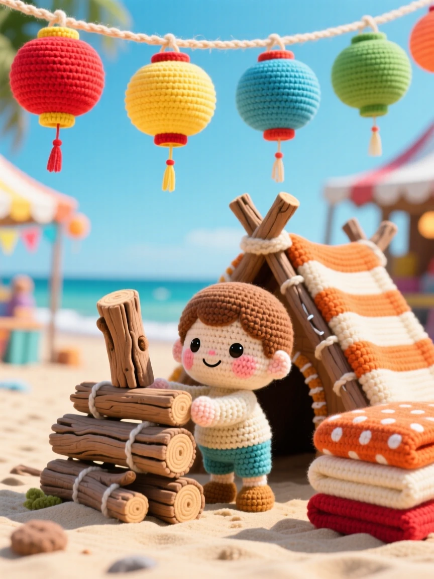 a small child building a driftwood fort on the beach, with sun-kissed cheeks, stacking the final piece of driftwood, set in a festival street strung with colorful paper lanterns, with a stack of warm blankets, full of bright cheerful energy of a special day.