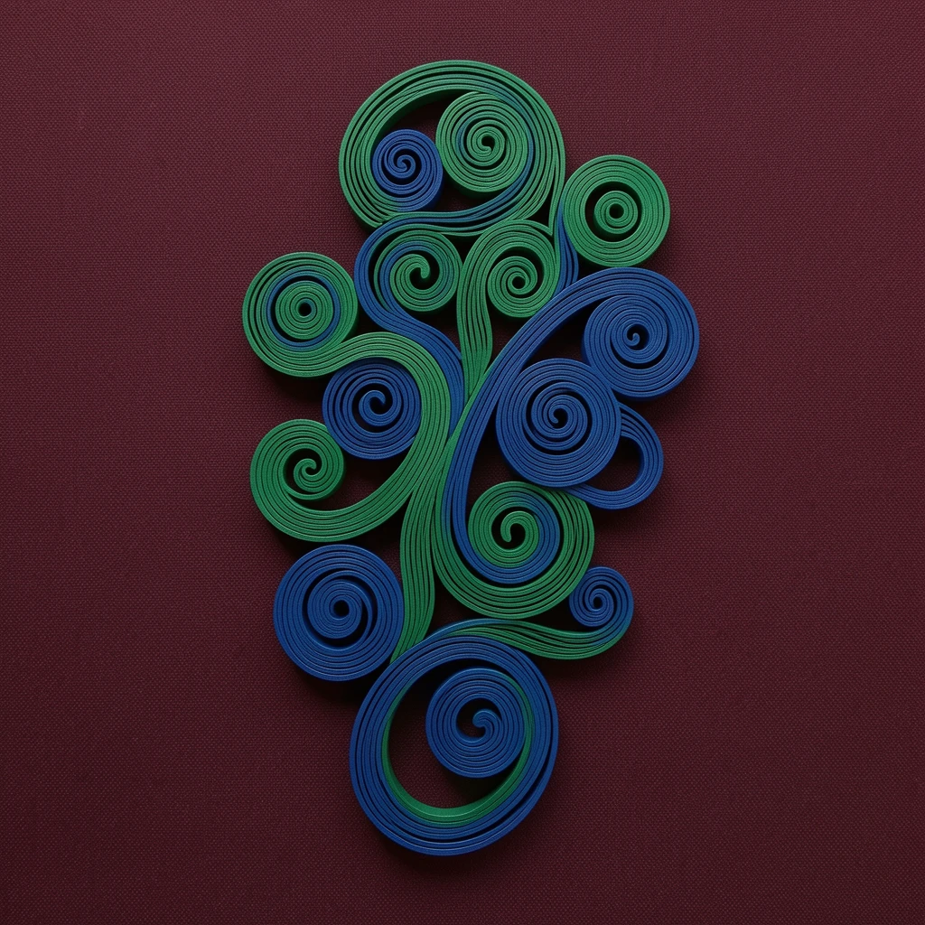 a cascading arrangement of interlocking spirals and curls, presented on a rich burgundy fabric backdrop, structured with clean geometric precision, in a palette of jewel-toned emerald and sapphire.