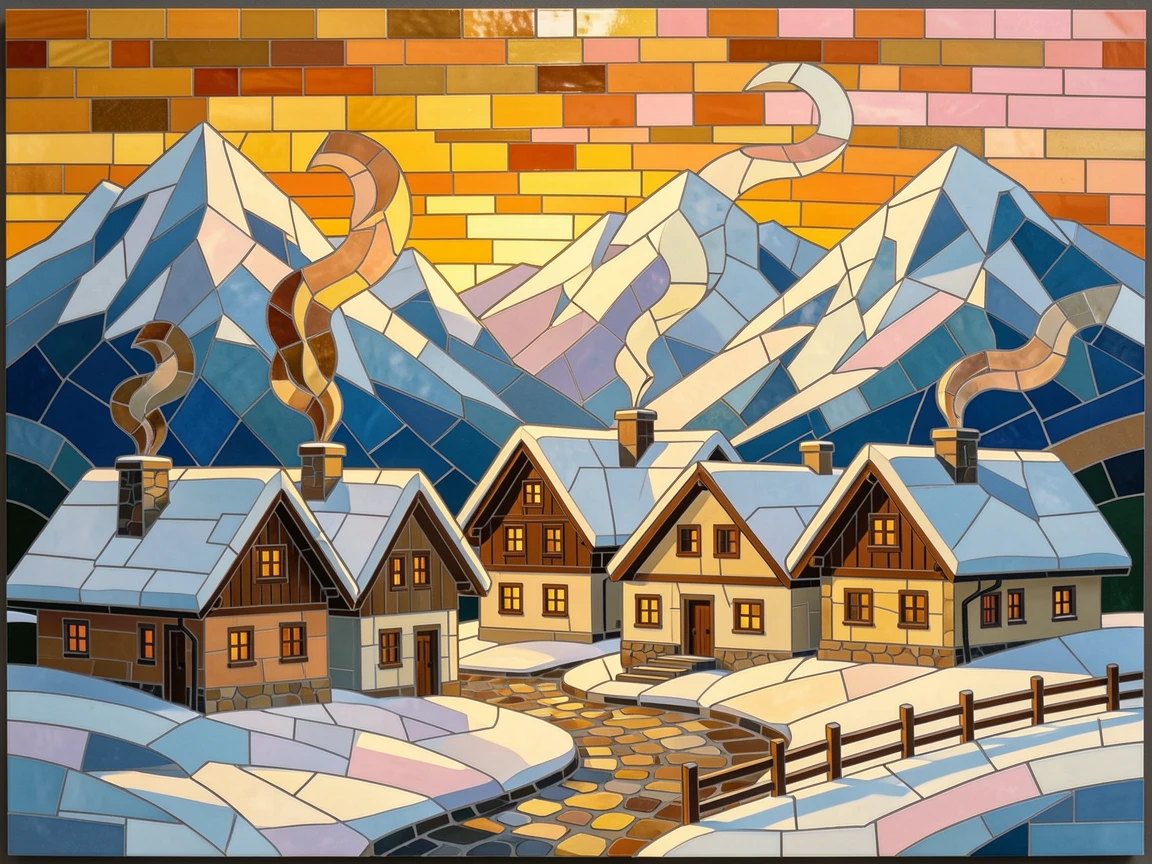 A snowy mountain village with smoke rising from cozy chimneys, bathed in the warm colors of a golden hour sunset.